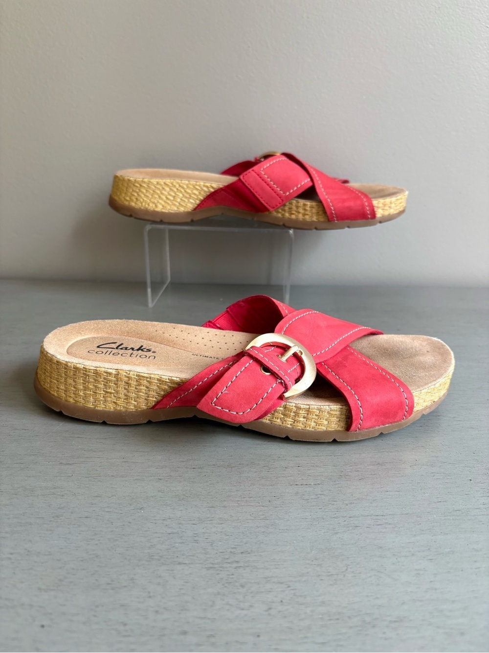 Clarks Collection Reileigh May Nubuck Red Crisscross Slide Buckle Sandal Sz 7.5 - Picture 10 of 12